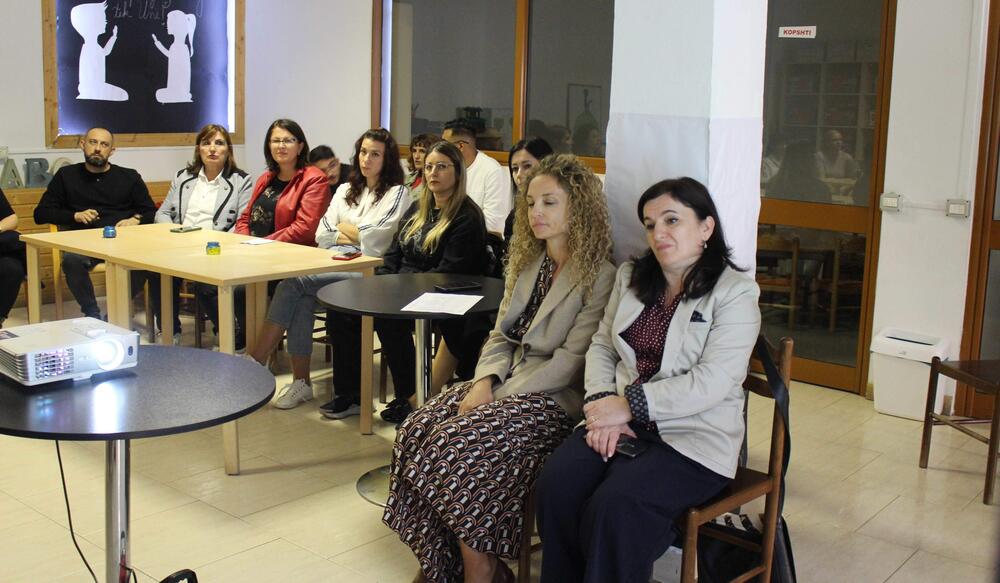 Nadire Kreka and members from other institutions sitting around a table listening to HBSC surveillance findings during a training session